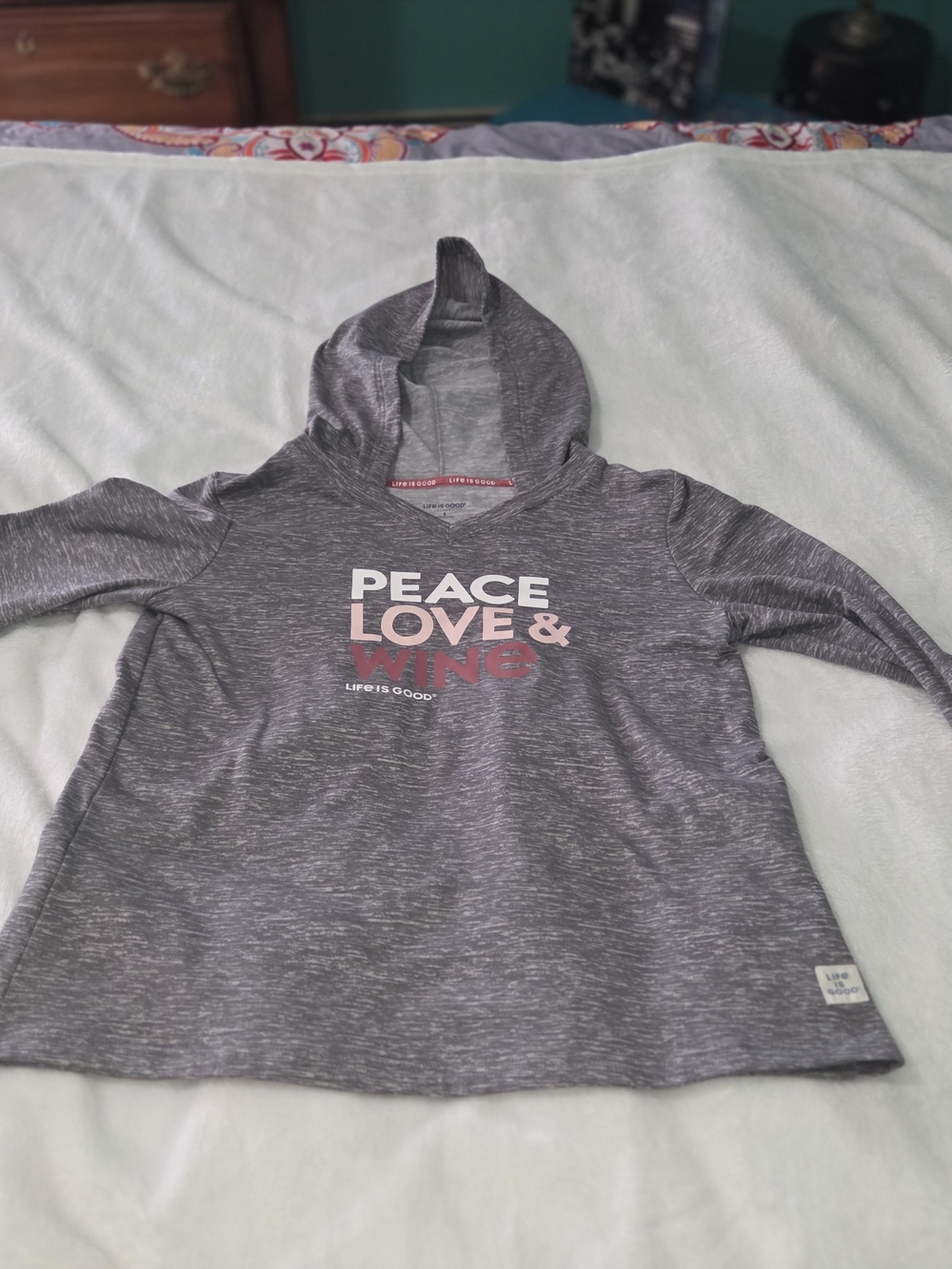 Life Is Good Gray Hooded Tee with 'Peace Love & Wine' Graphic